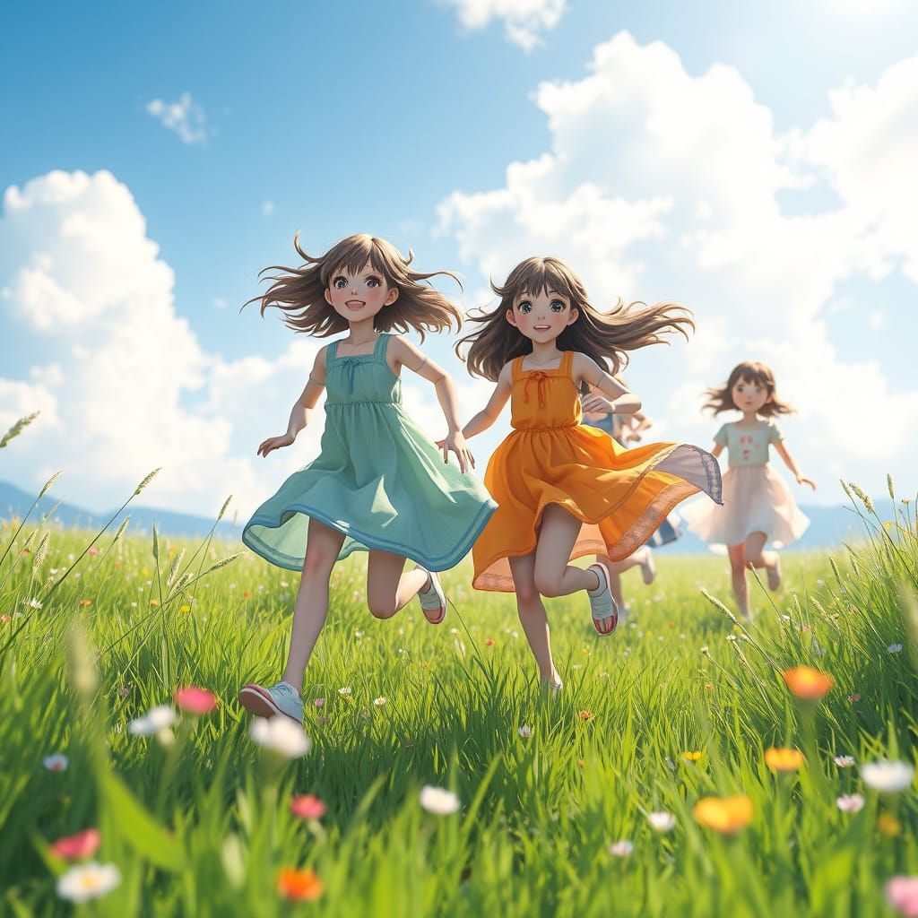 Young Girls Laughing and Running in a Lush Meadow