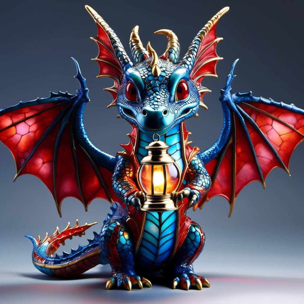 Whimsical Blue Dragon Wizard in Stained Glass Style