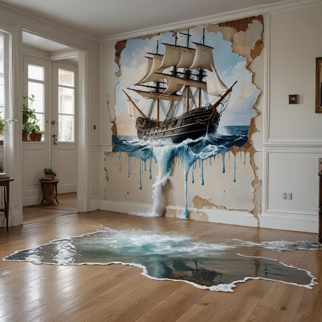 Sailing Ship Painting Flooding a Living Room