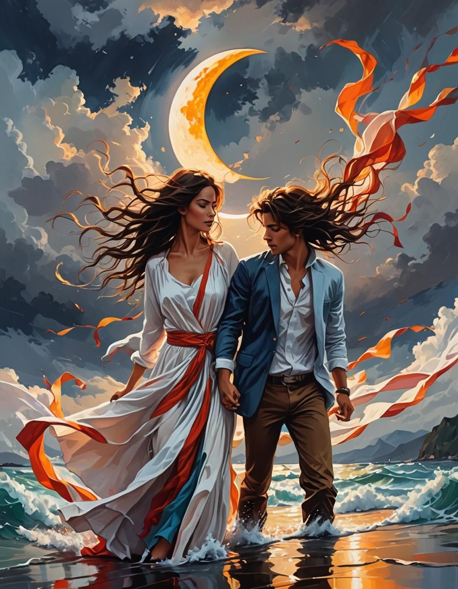 Eclipsed Couples: Flowing and Colorful Illustration