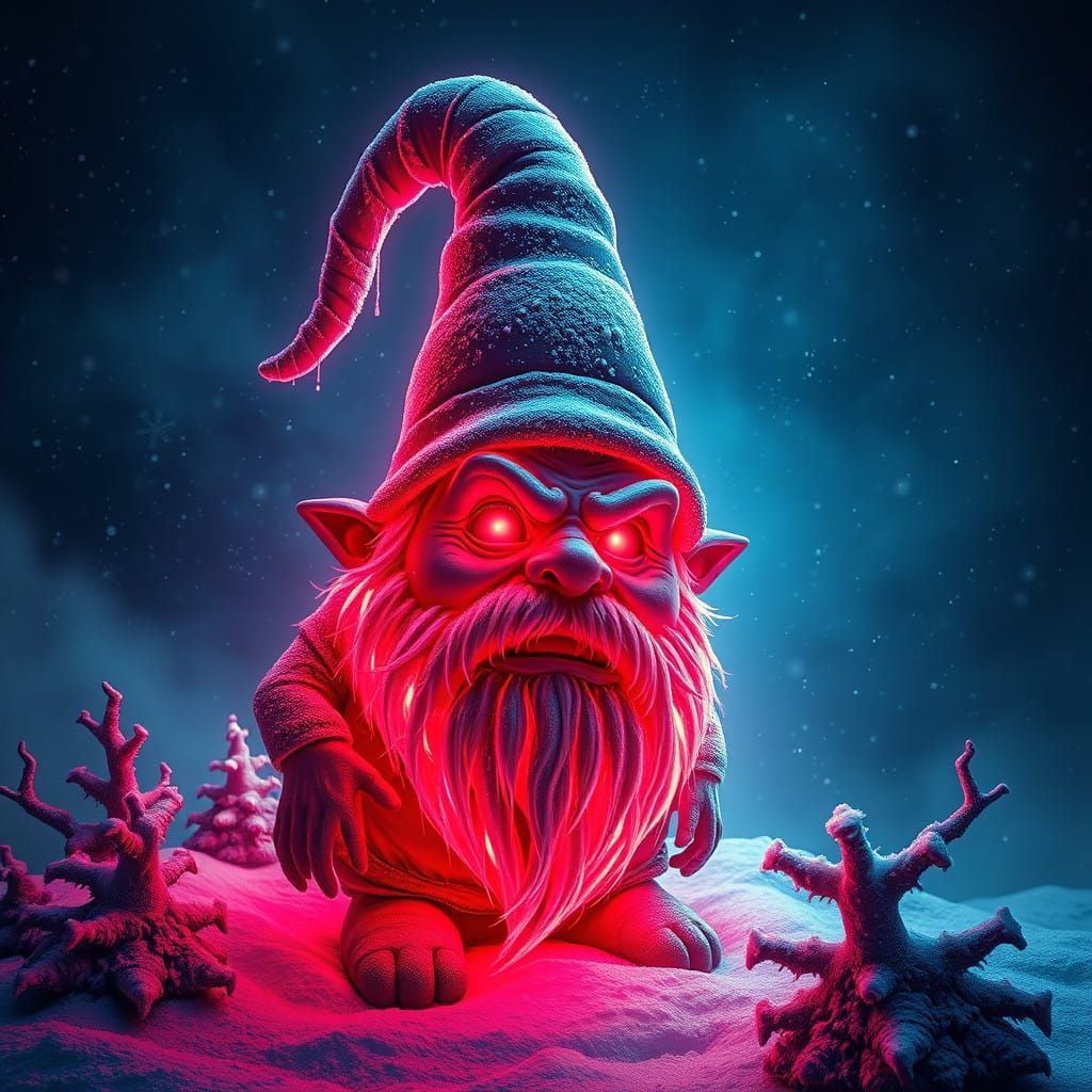 Eerie Christmas Gnome in Neon-Lit Winter Wonderland