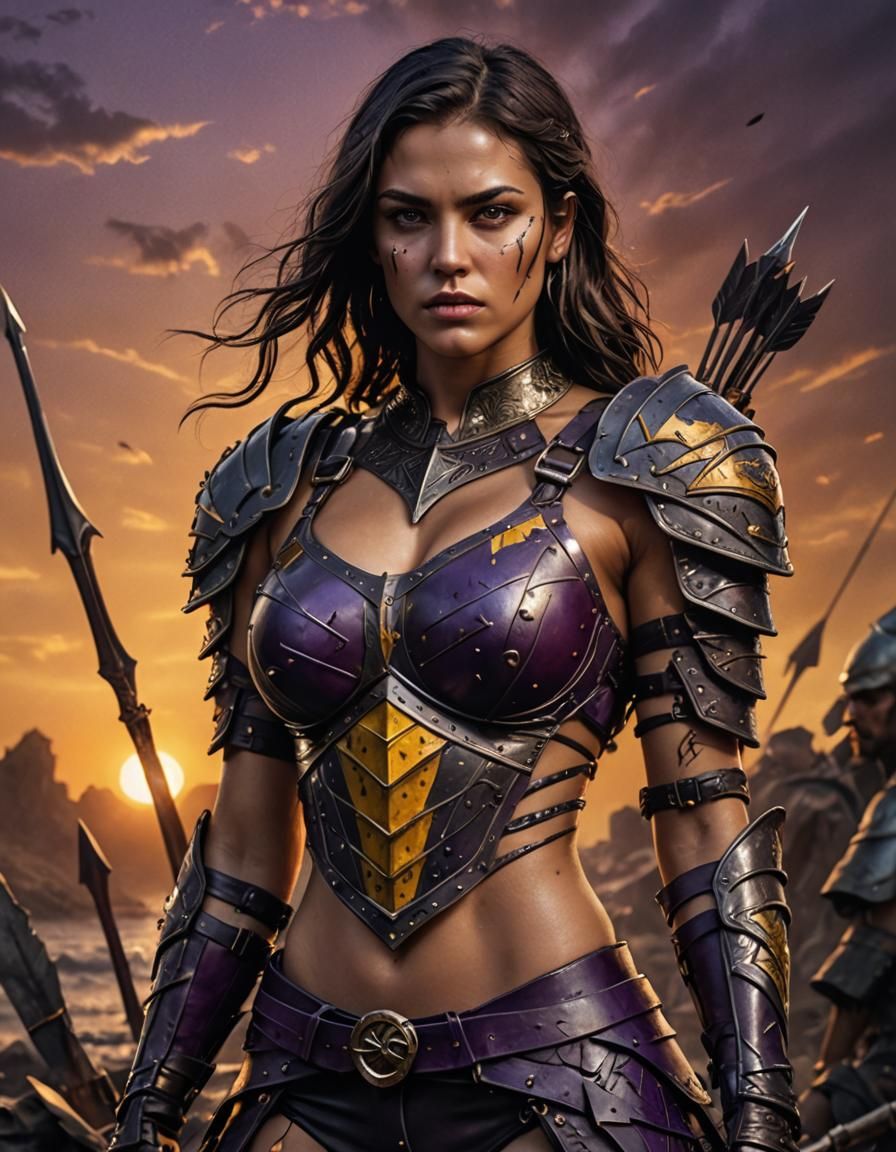 Armored Woman in Dark Fantasy Sunset