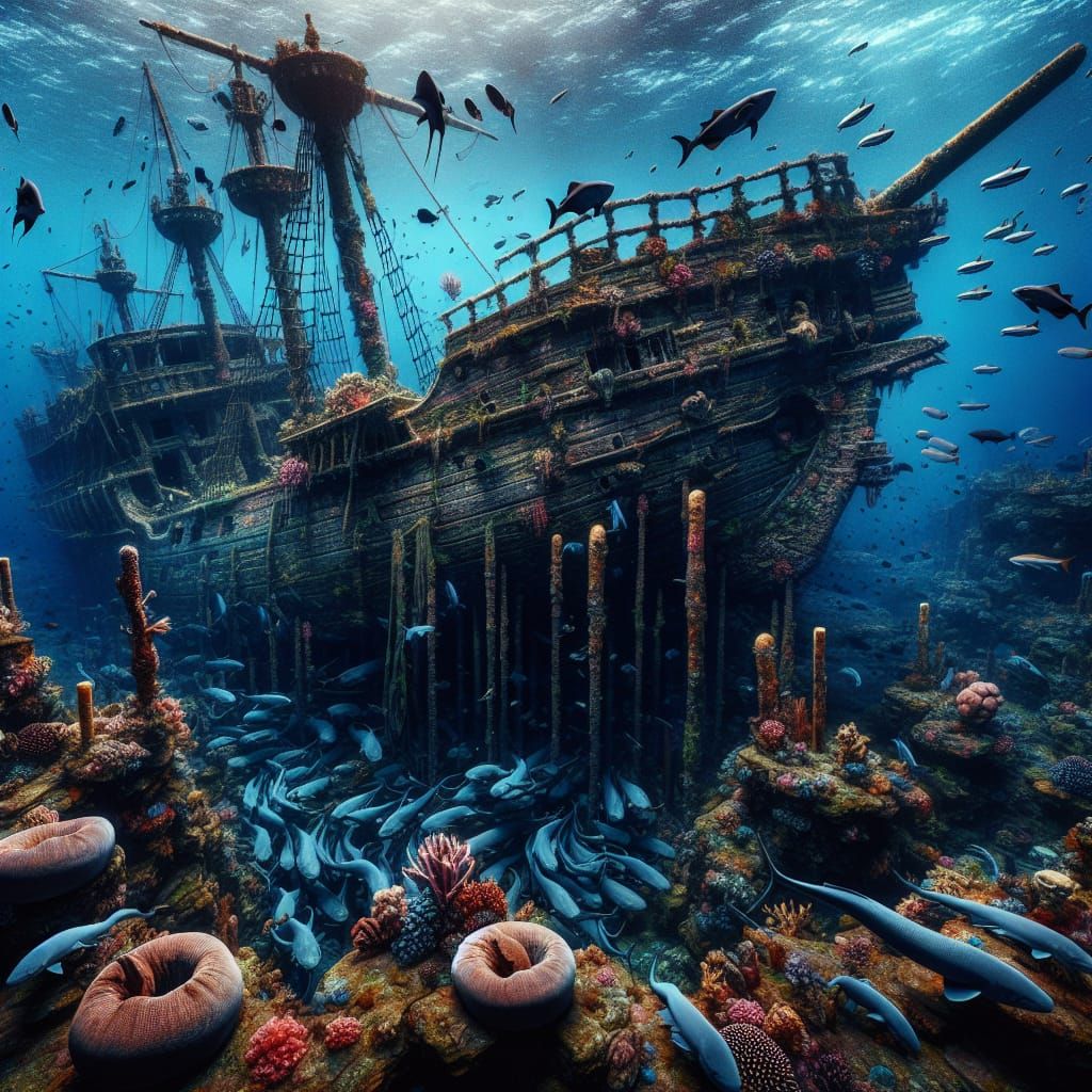 Shipwreck on coral reef