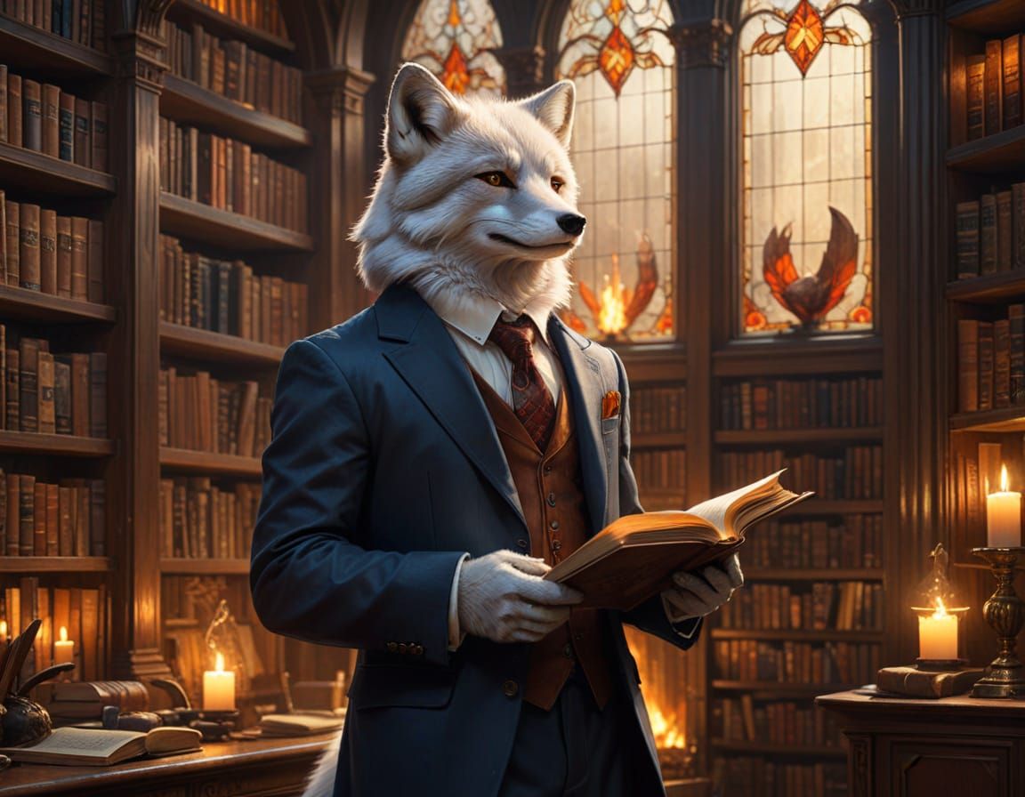 Anthropomorphic Arctic Fox Reads in Grand Library