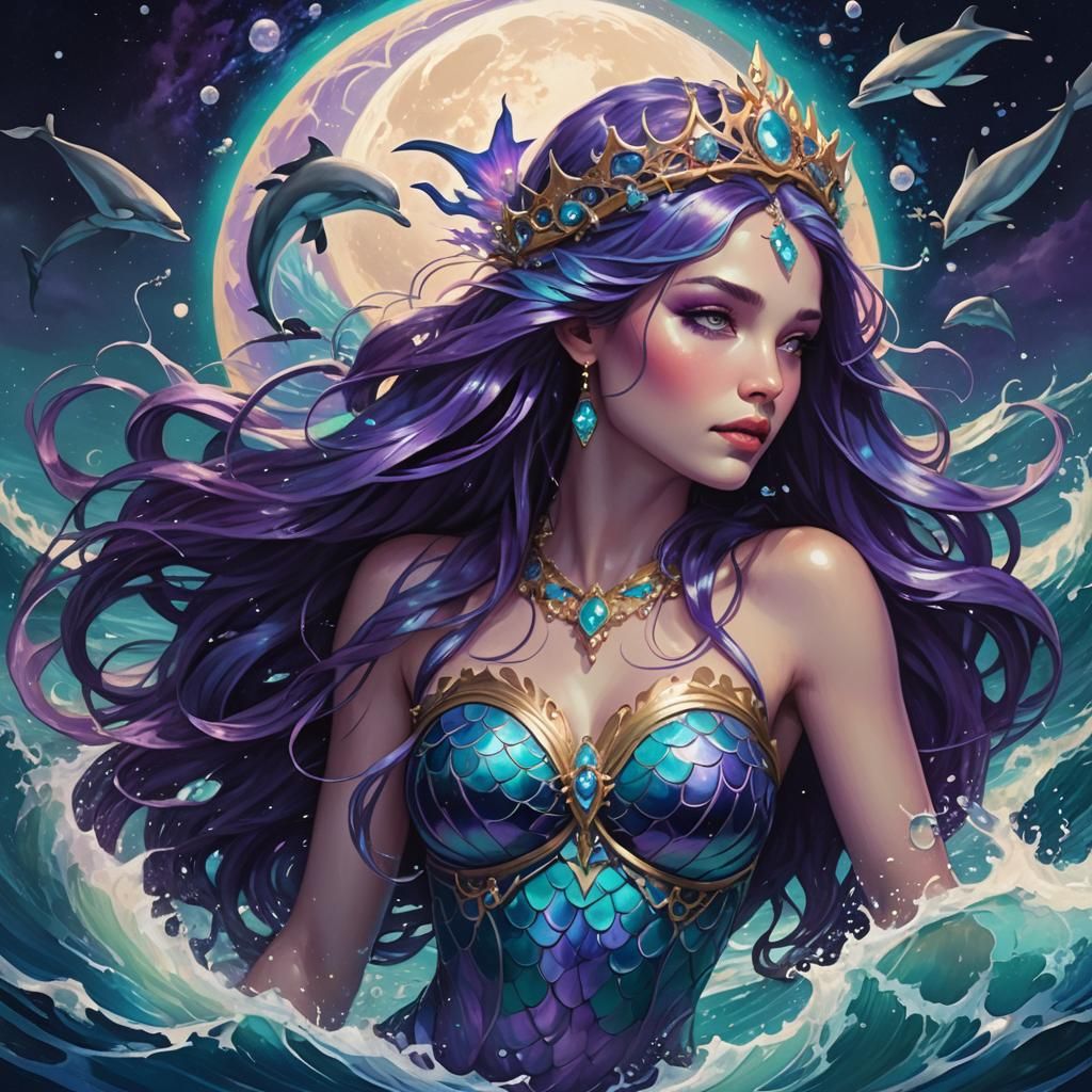 Mermaid with Blue Hair and Jeweled Crown