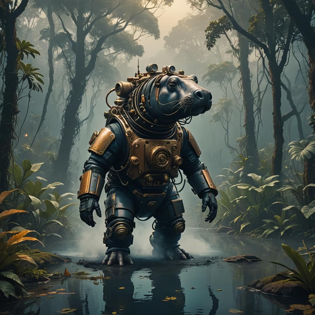 Steampunk Hippo in Victorian Jungle, Detailed Matte Painting