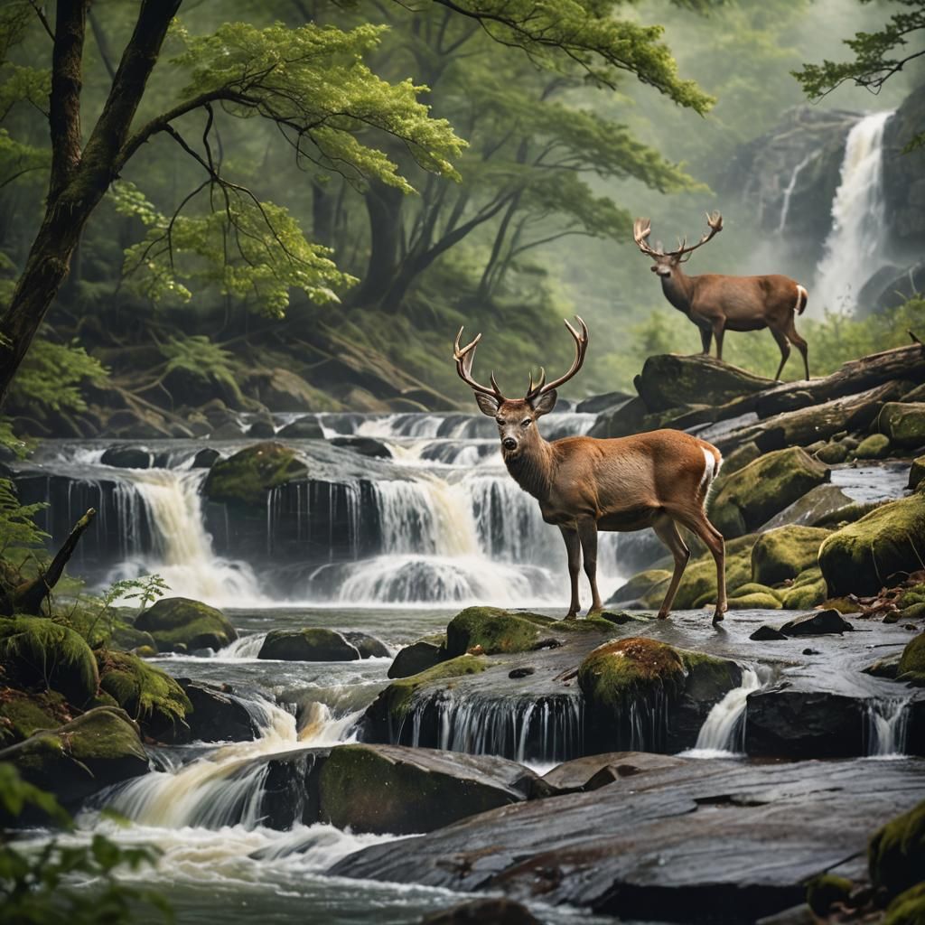 Deer at Waterfall Edge in Watercolor HDR