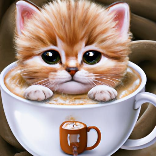 Adorable Cat in Cappuccino Cup: Digital Fantasy Art