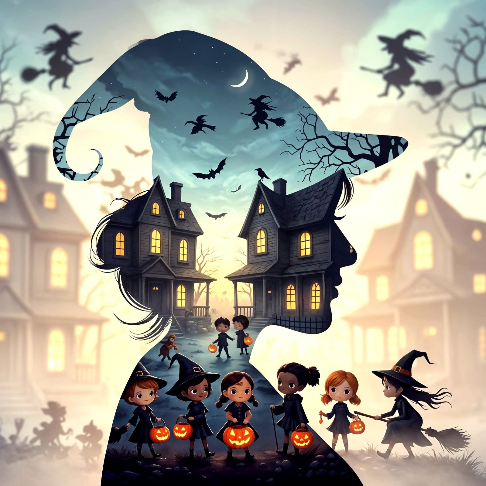Enchanting Witch Silhouette With Halloween Trick-Or-Treat Sc...
