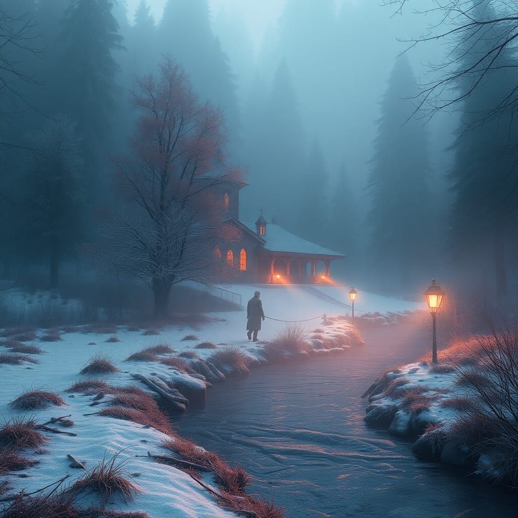 Frozen Forest Monastery in Ethereal Mist