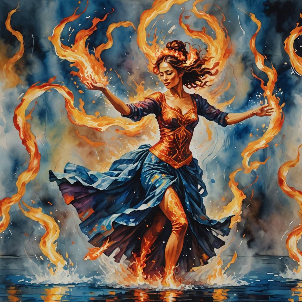 Fiery Woman Dancing with Water Spirit: Gouache Art