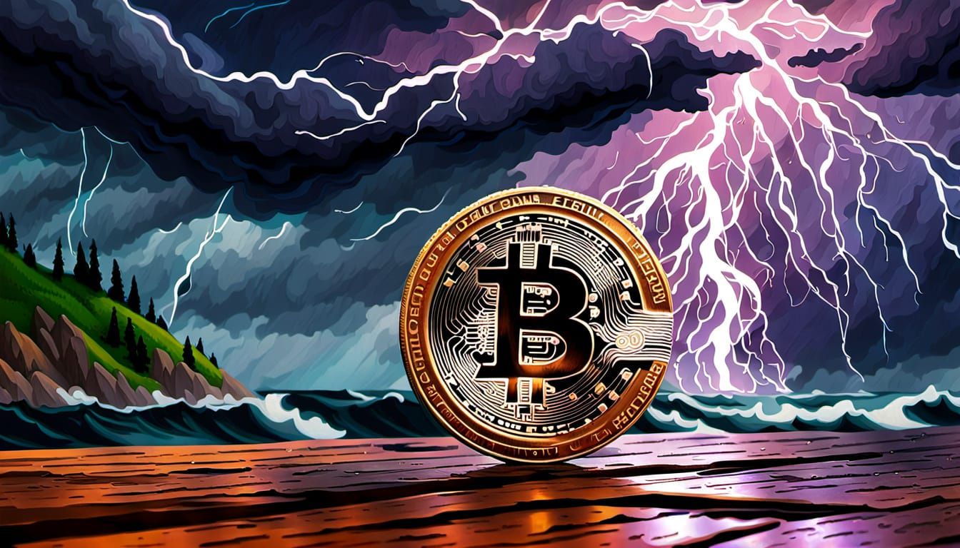 Wooden Bitcoin Coin in Storm, Leonid Afremov Style