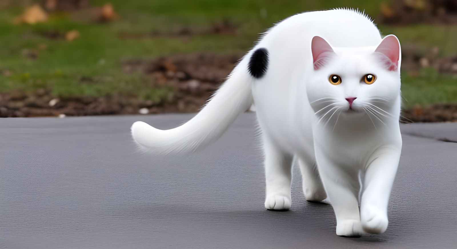 Spotted White Cat Walking with Tail Upright