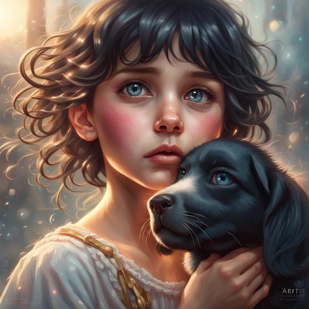 Girl with Dog in Heaven: Hyperrealistic Portrait