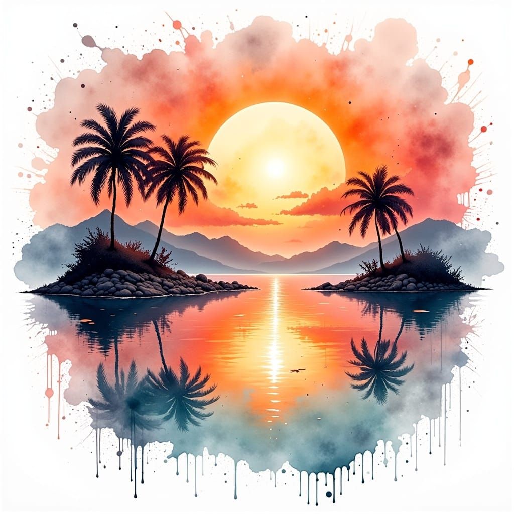 Tropical Sunset Watercolor with Silhouetted Palms