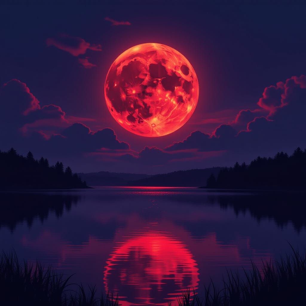Super Blood Moon Eclipse Over Reflective Lake