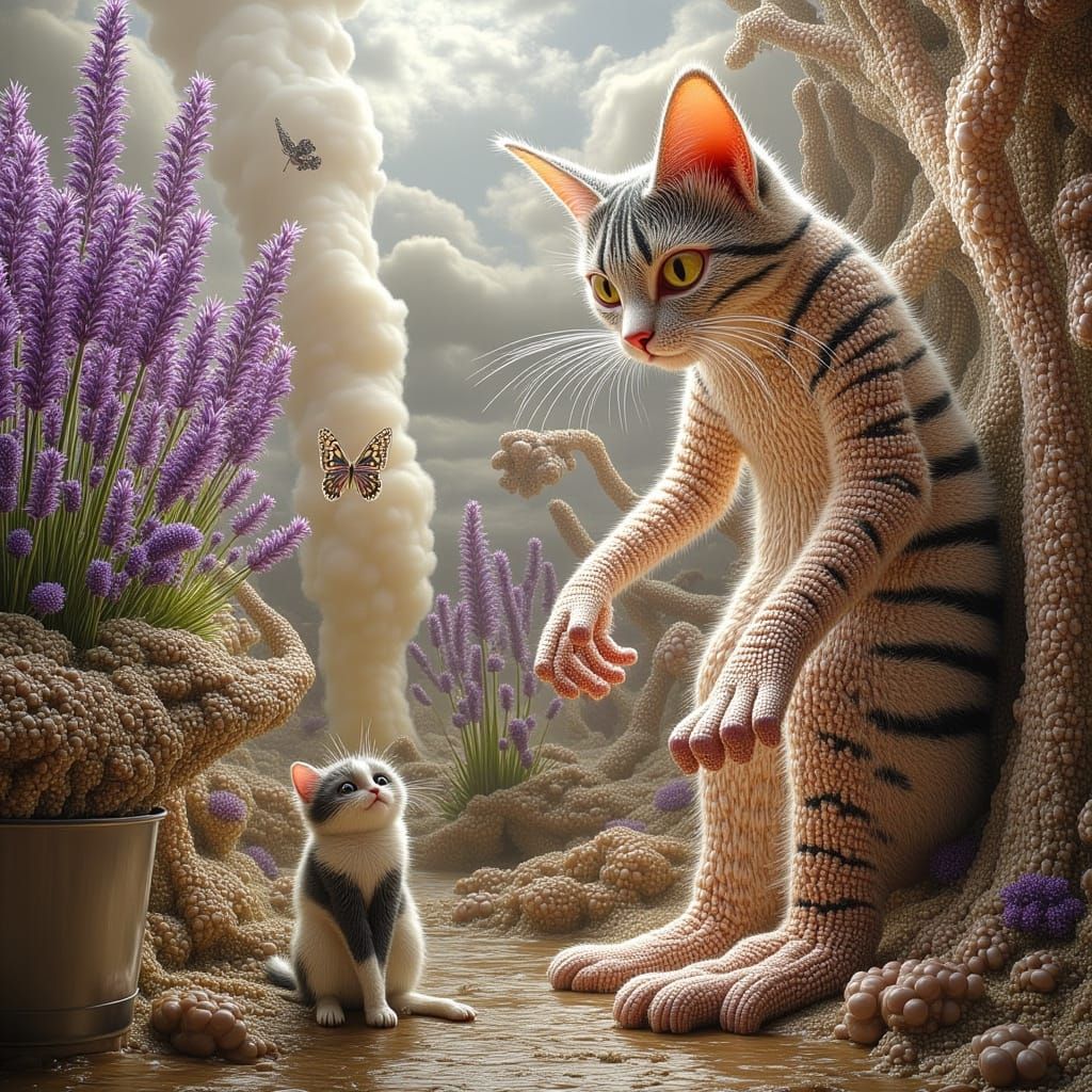 Surreal Tabby Cat Chasing Moths in Lavender