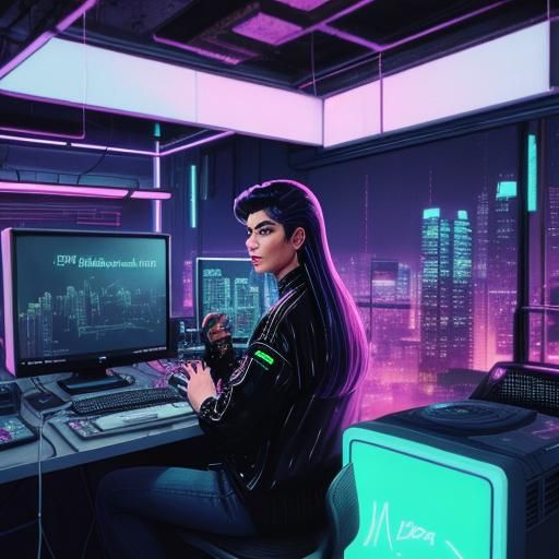 Vaporwave Scene with Neon Lights and Retro Tech