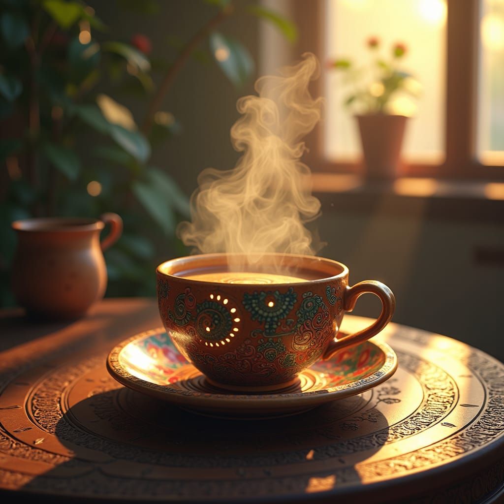 Antique Coffee Cup with Glowing Runes, Cinematic Style