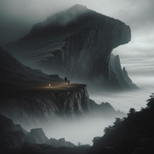 Woman on Cliff with Moody Atmospheric Clouds