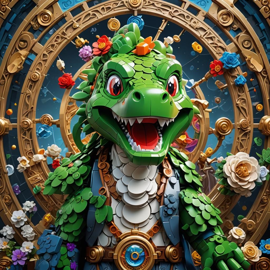 Lego Yoshi Tarot Card Portrait in Art Nouveau Style