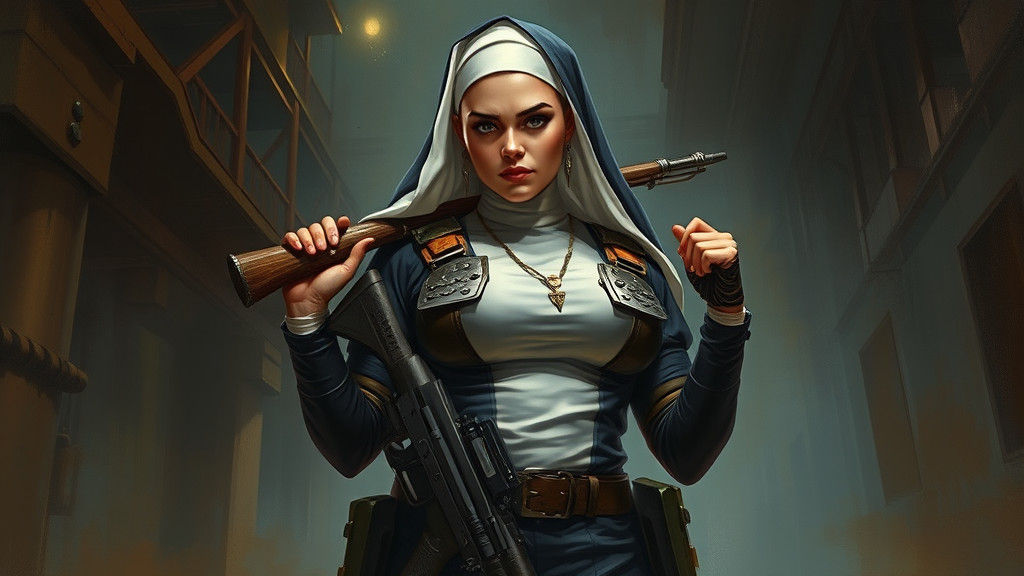 Punk Rock Nun in Military Uniform, Oil Painting