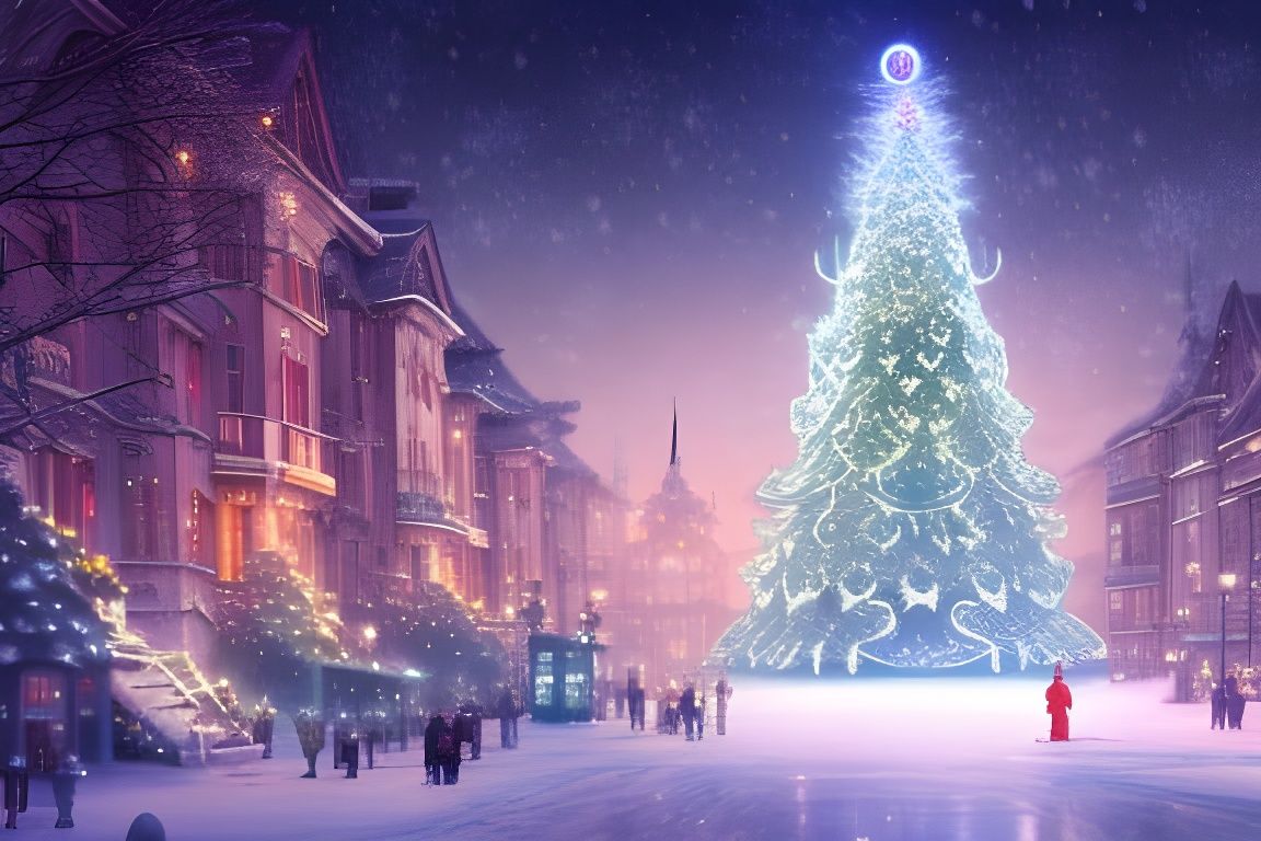 Enchanted Winter City with Giant Christmas Tree