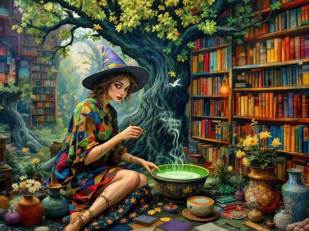 Surreal Whimsical Patchwork Art in a Dreamlike Library