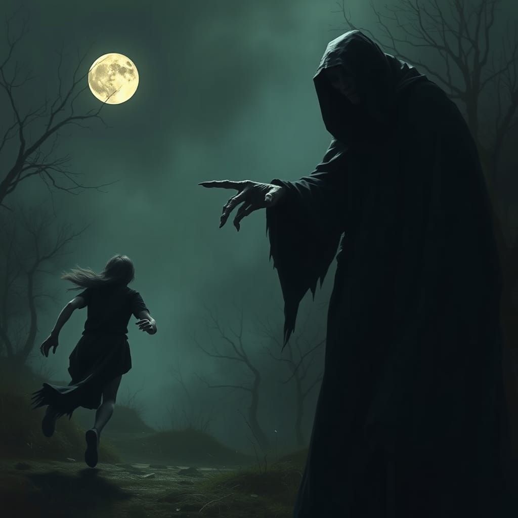Ominous Figure Points at Fleeing Person in Dark Fantasy Styl...