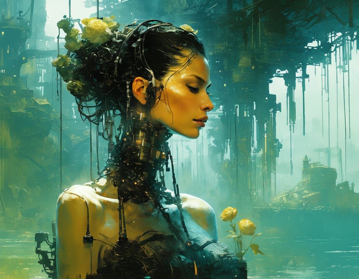 A Woman Holds a Swamp Bouquet in a Glass Tube