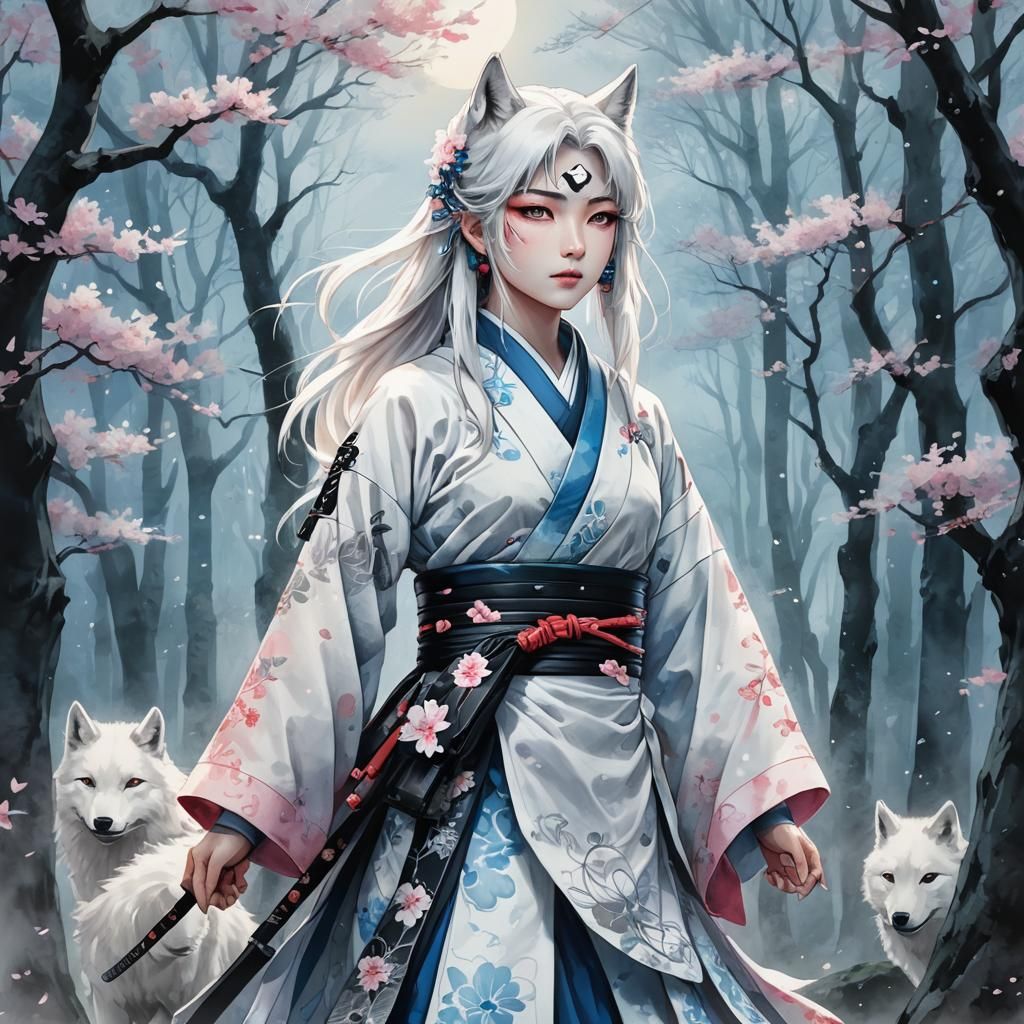 White Wolf Ninja in Misty Forest: Anime Art
