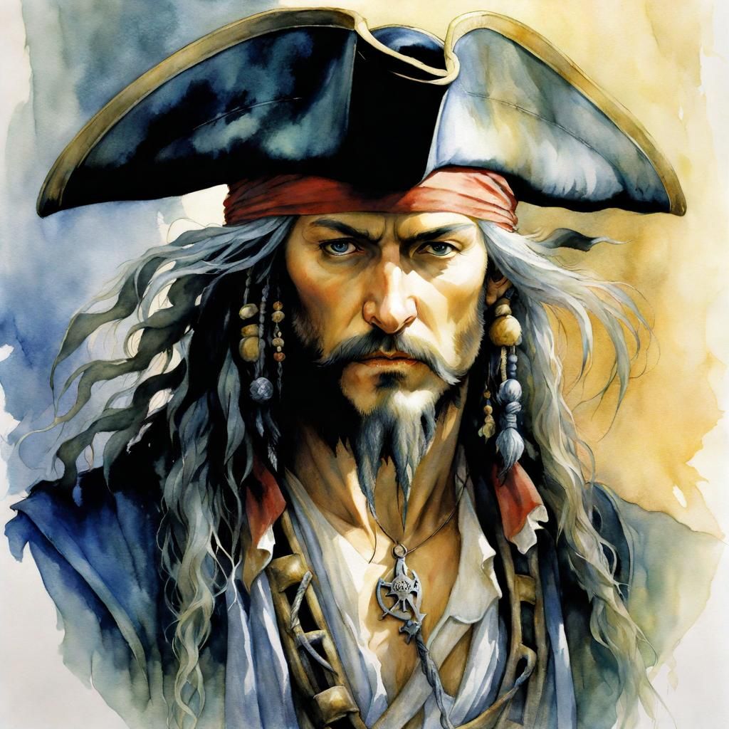 Pirate Captain Portrait in Watercolor Fantasy Style