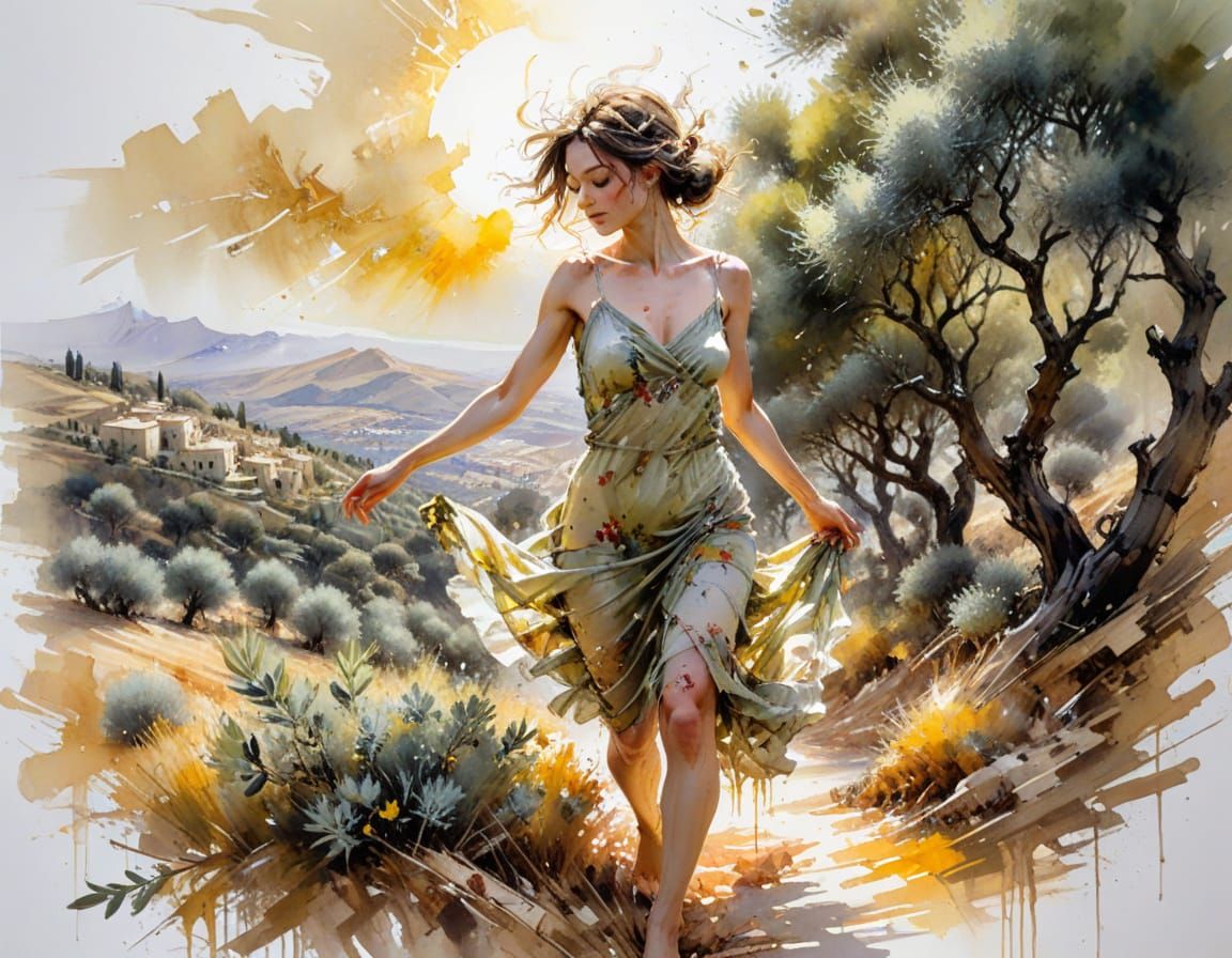 Golden Olive Groves on Mediterranean Hillside in Watercolour...