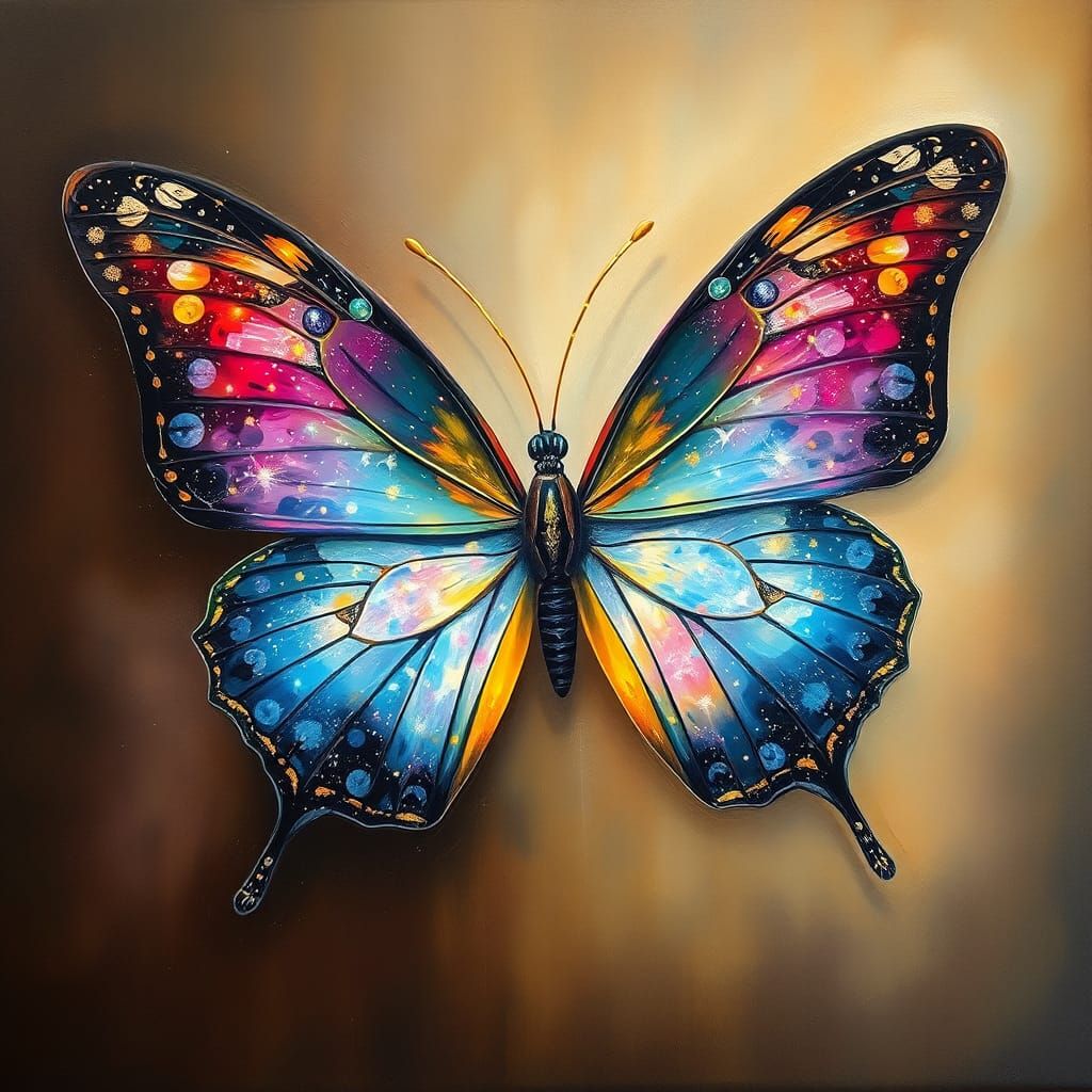 Galactic Butterfly Impasto Painting with Gold