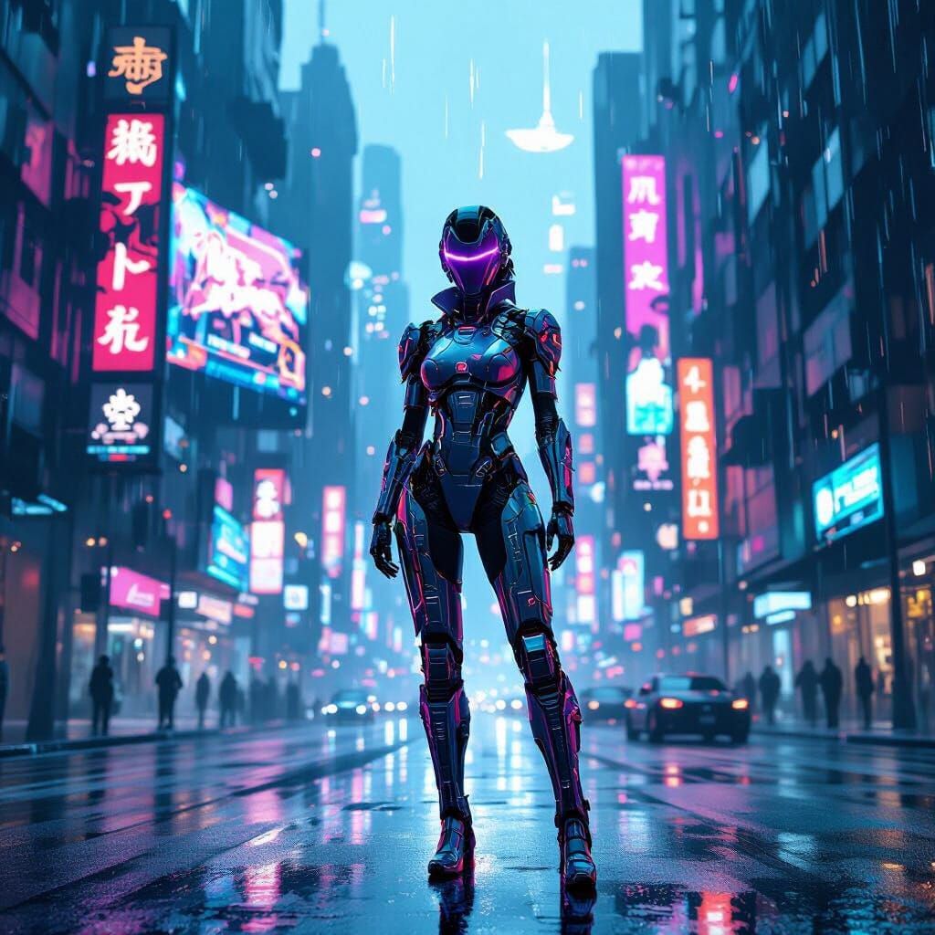 Cybernetic Woman in Neon-Lit Retro-Futuristic City
