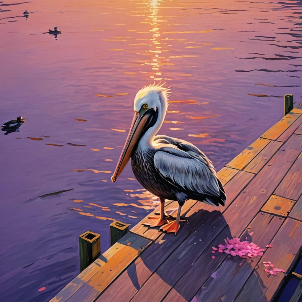 Pelican on Pier at Sunset in Impressionist Style