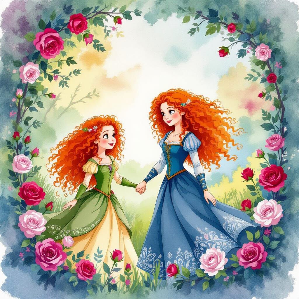 Belle and Merida in Alcohol Ink Rose Garden