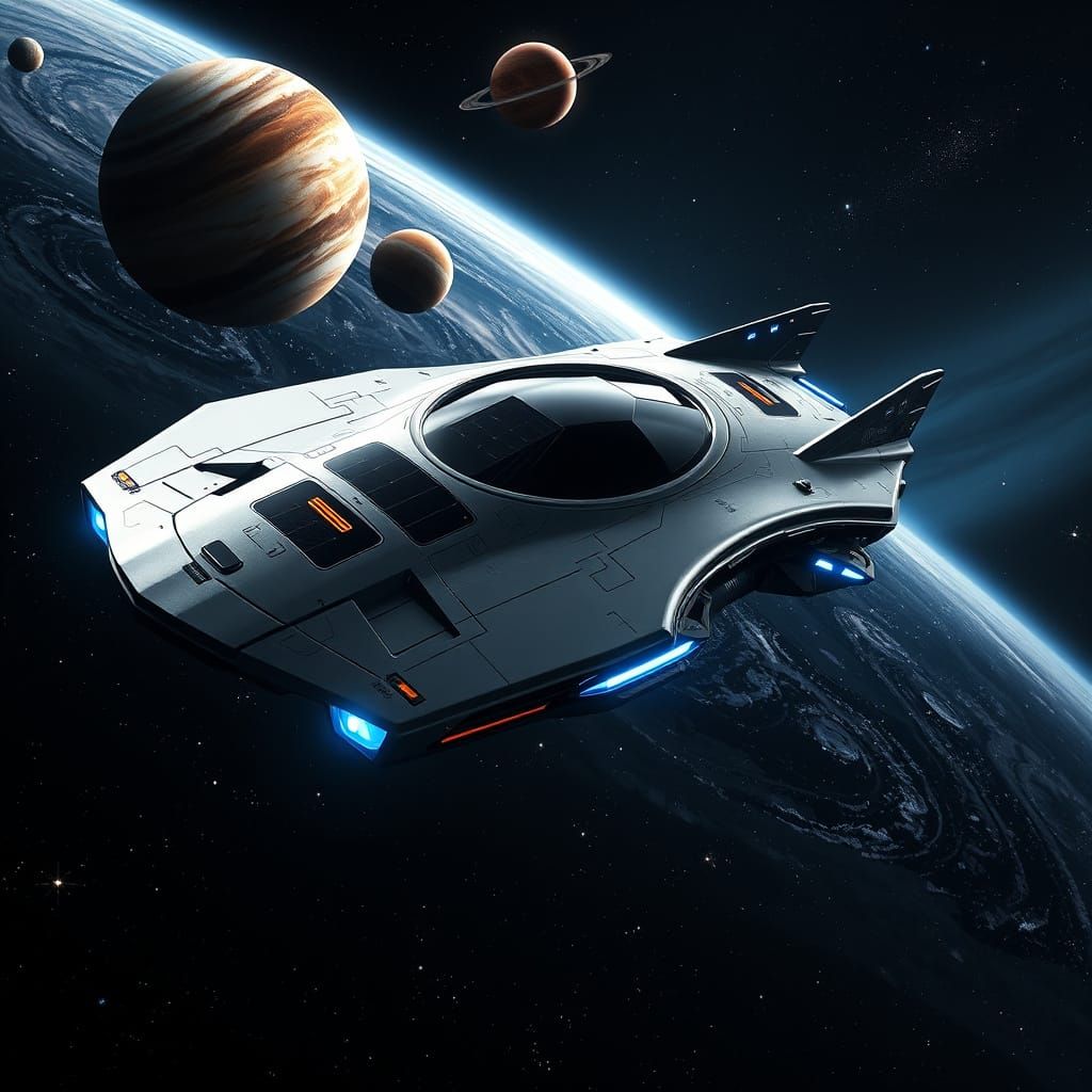 Sleek Silver Spaceship in a Vibrant Celestial Panorama