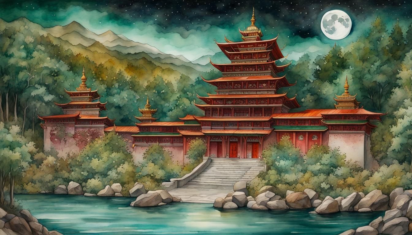 Tibetan Monastery at Night in Watercolor Style