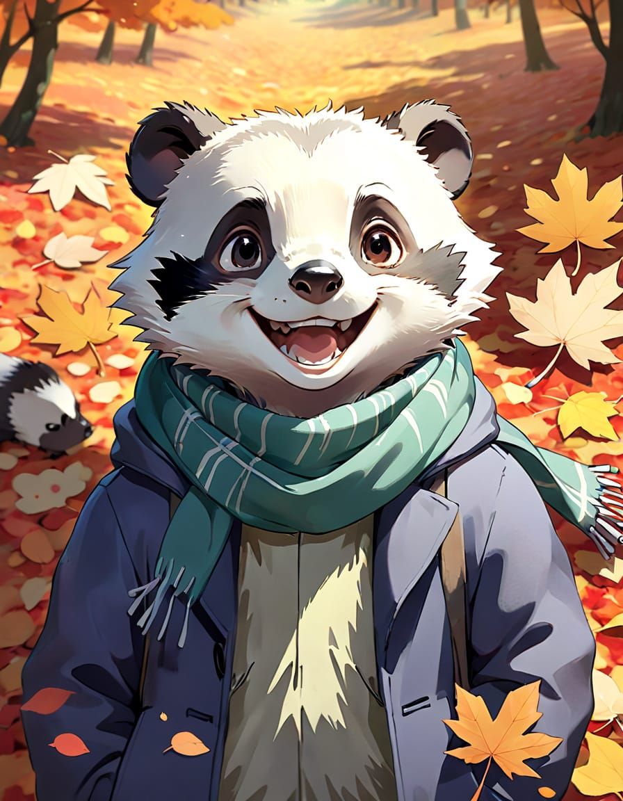 Cute Badger Laughing in Autumn Leaves, Studio Ghibli Style