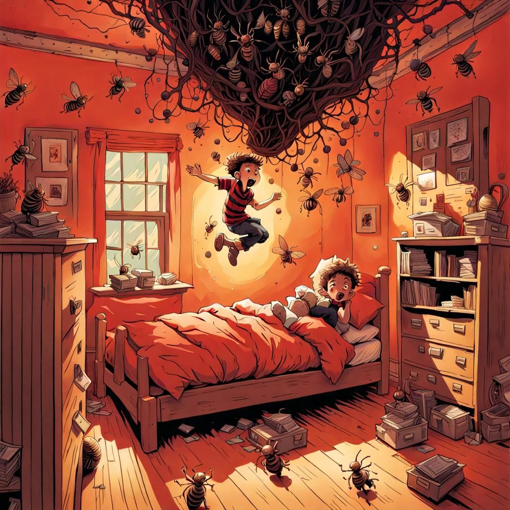 Joyful Boy Jumping with Hornets, Storybook Illustration