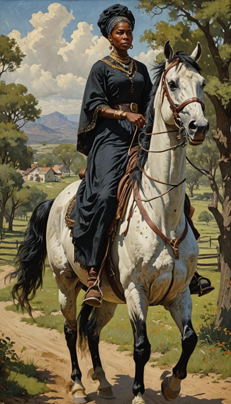 Black Woman on Horse in Oil Painting Style