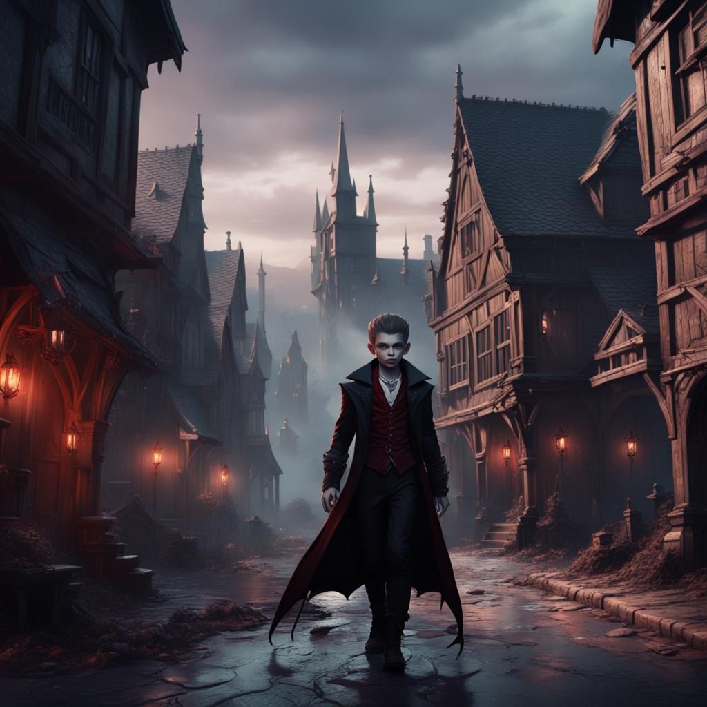 Vampire Boy in Town: Detailed Matte Painting