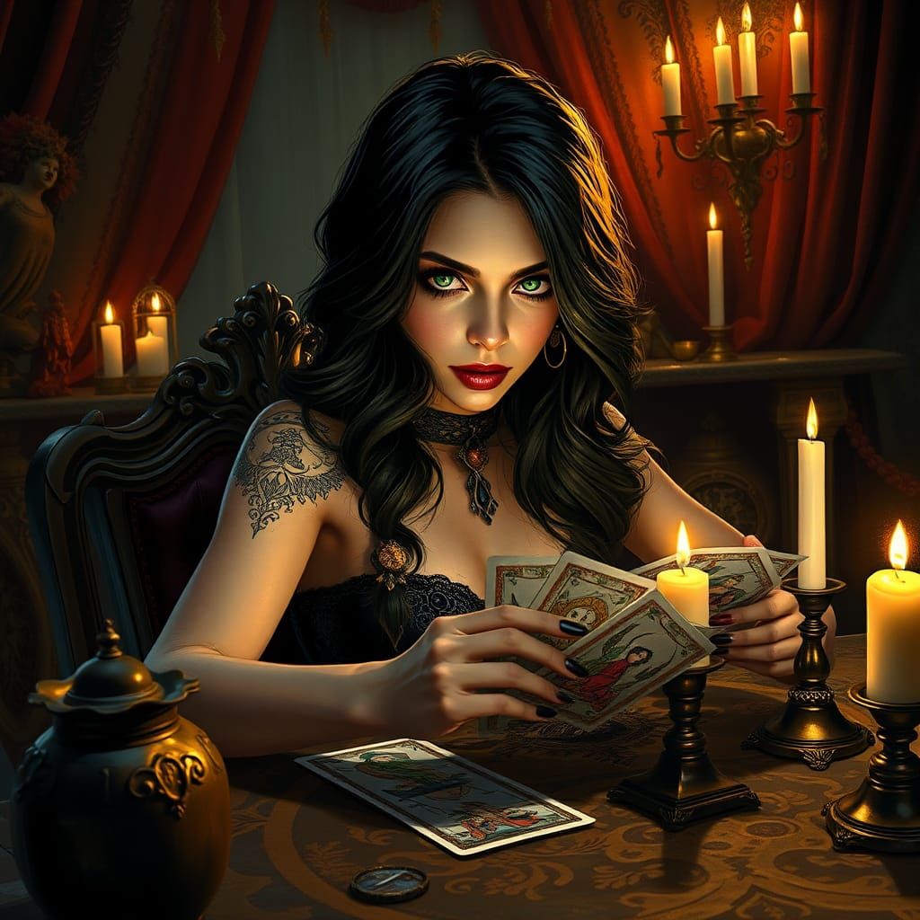 Woman Reads Tarot in Gothic Chamber, Hyper-Realistic Art