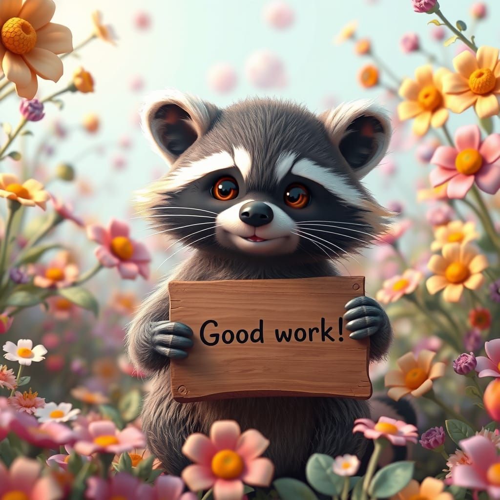 Whimsical Raccoon Holds "Good Work!" Tablet in Surreal Wonde...