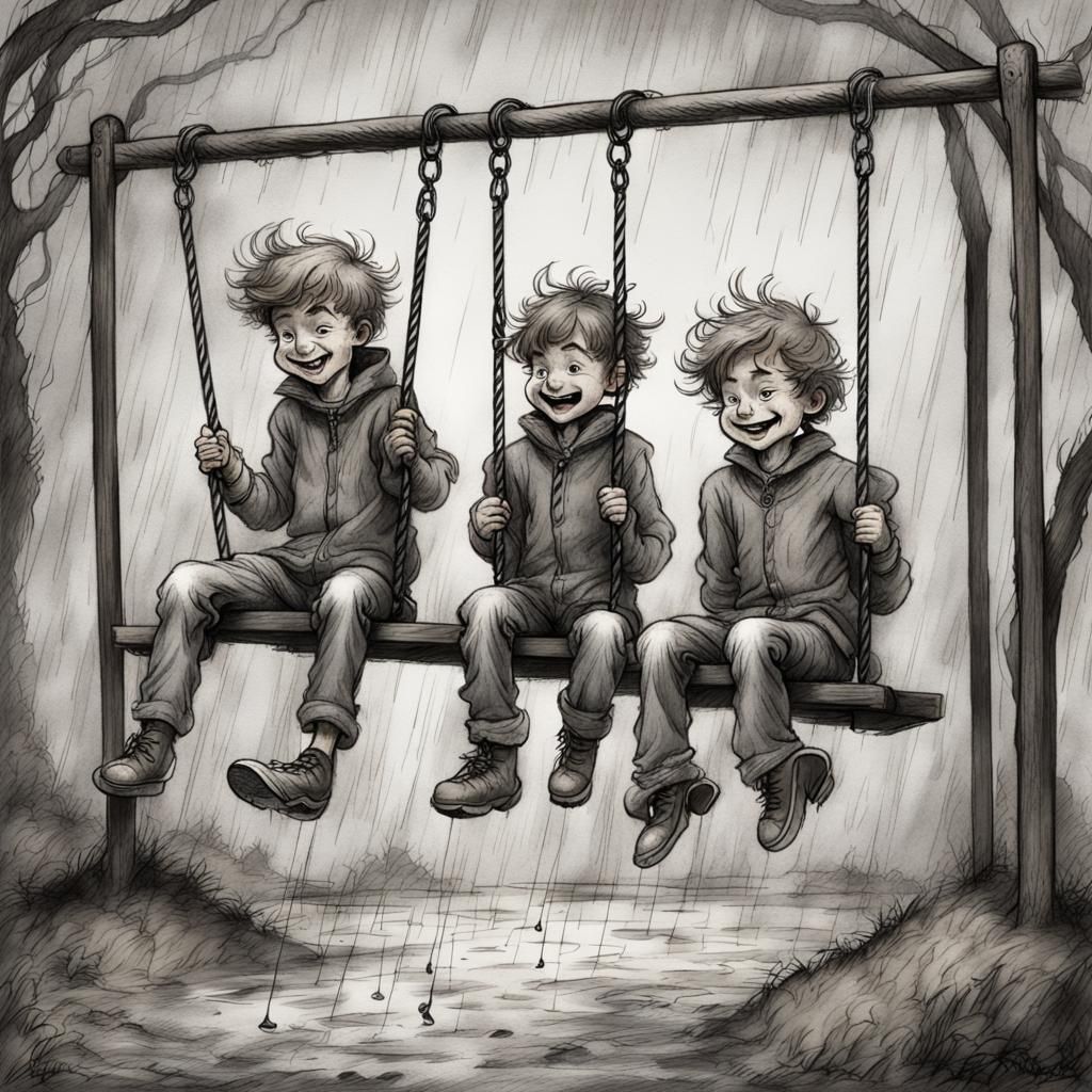 two brothers swinging on swings on the playground in the rai...