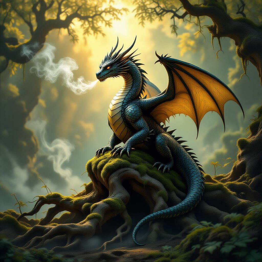 Majestic Dragon on Gnarled Roots in Dark Fantasy Style