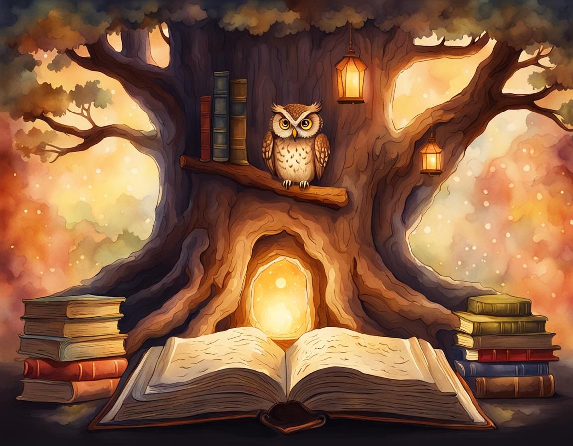 An old, wise tree with an owl on its branch looking into a g...