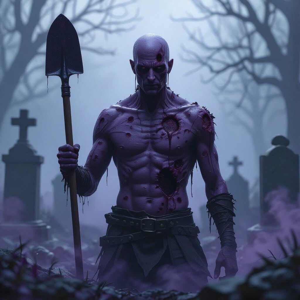 D&D Graveyard Figure in Purple Fog, Matte Painting Style
