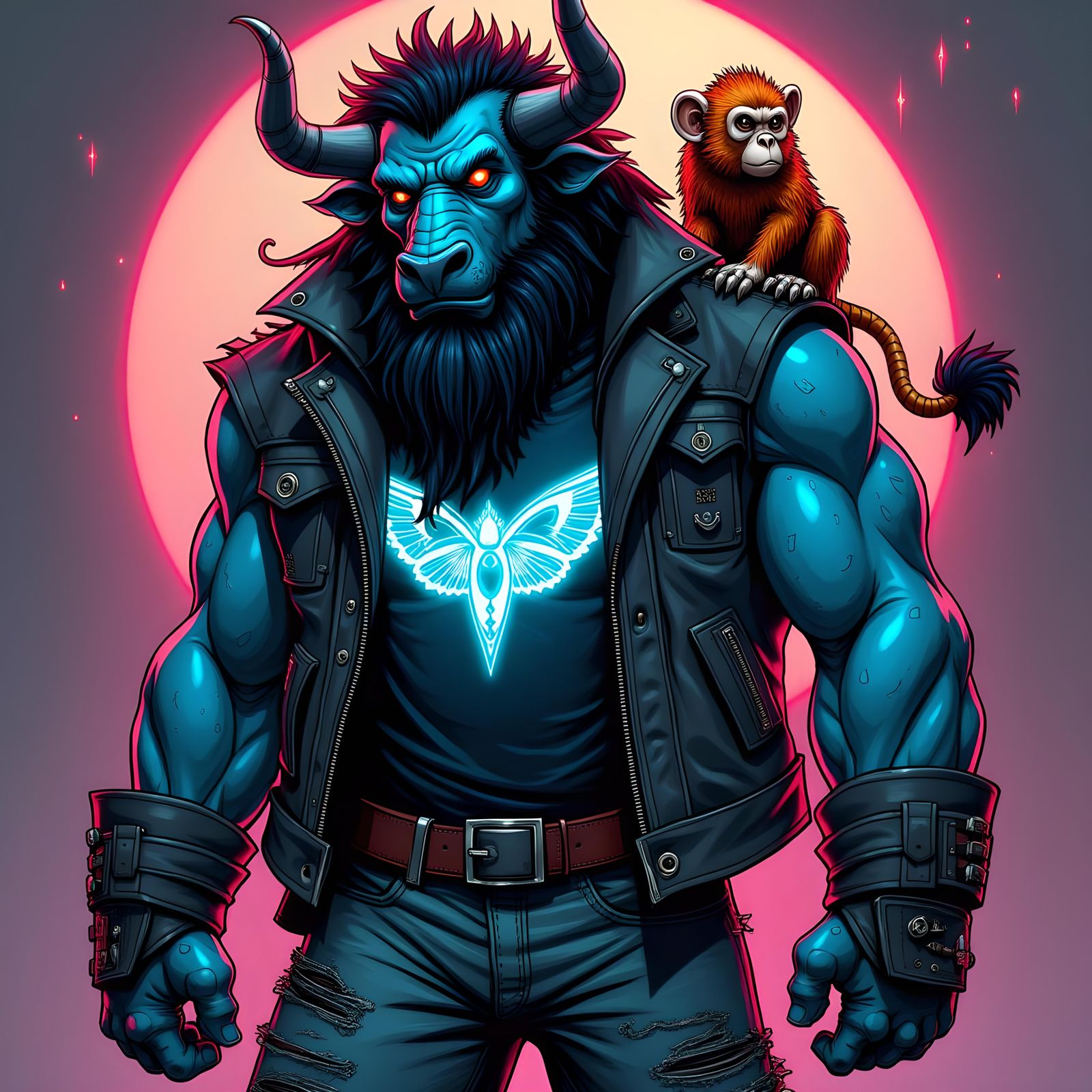 Cyberpunk Manotaur in Grimy Cityscape